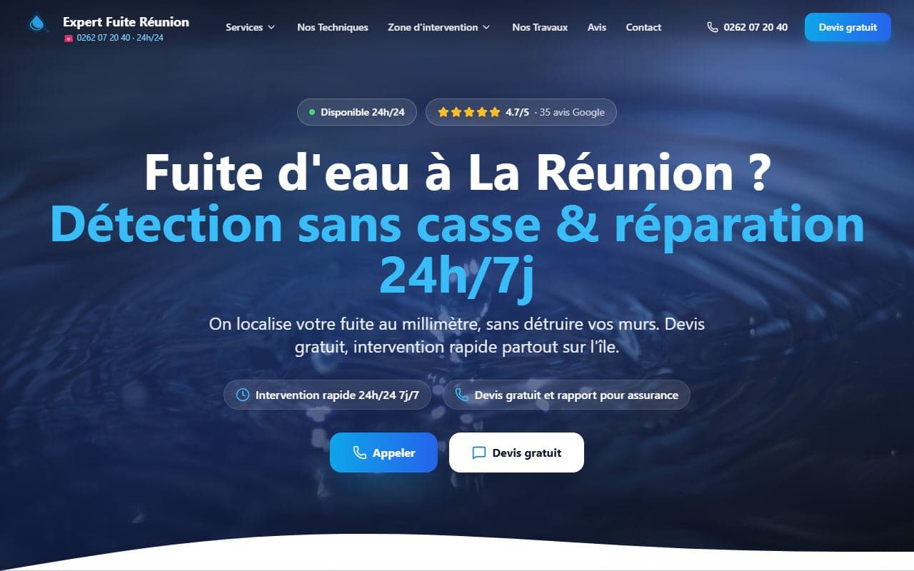 Page d’accueil d’Expert Fuite Réunion, recherche de fuite à La Réunion